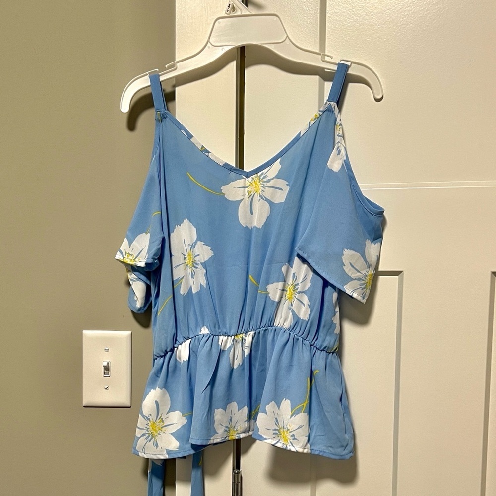 Sienna Sky Light Blue Floral Cold Shoulder Blouse - Picture 3 of 3